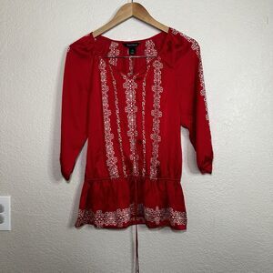 White House Black Market Women 4 Peplum Blouse Red Medallion Embroidered Holiday
